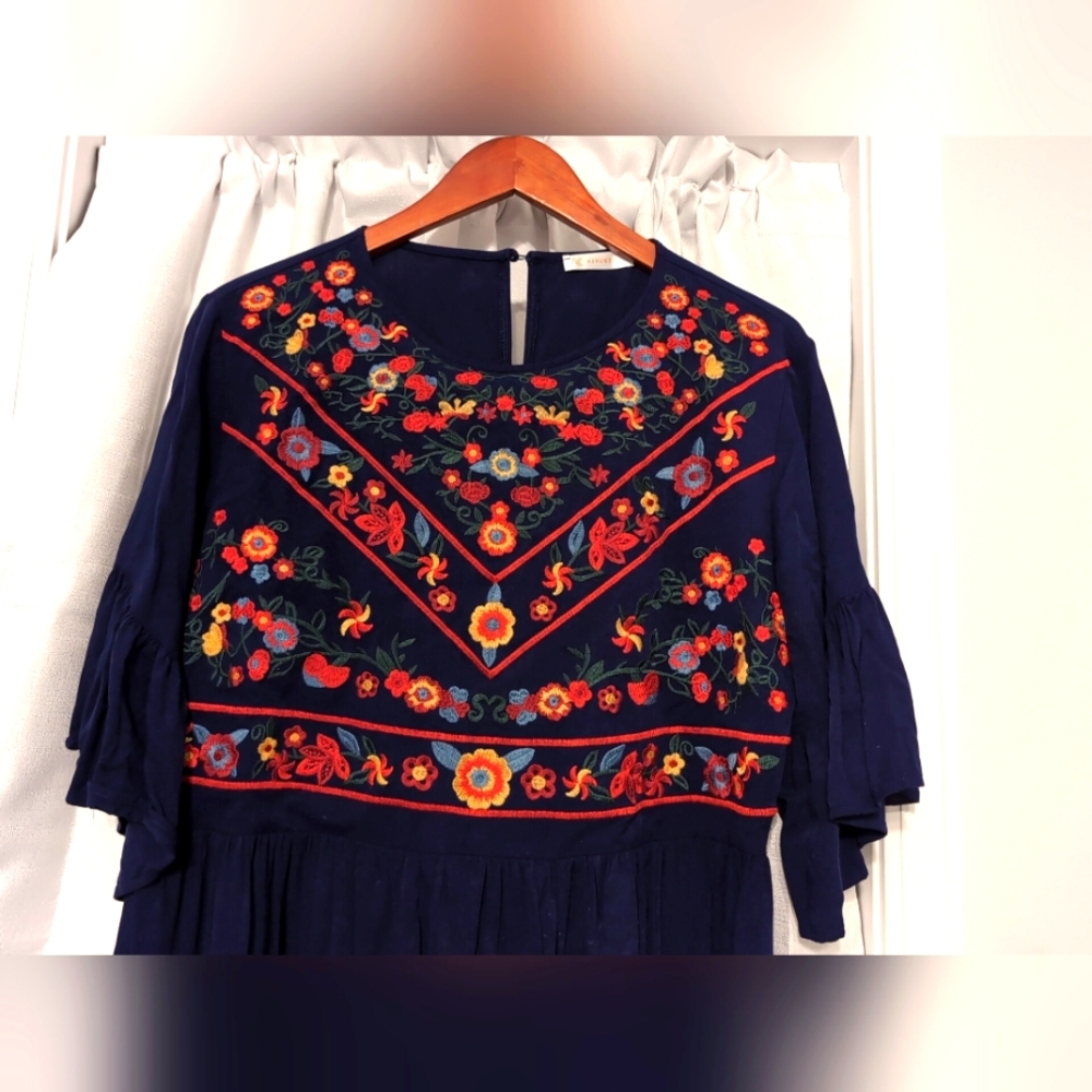 Kirundo Navy Embroidered Floral Dress Bell Sleeves Large‎ Boho Y2K Hippie - Picture 2 of 8
